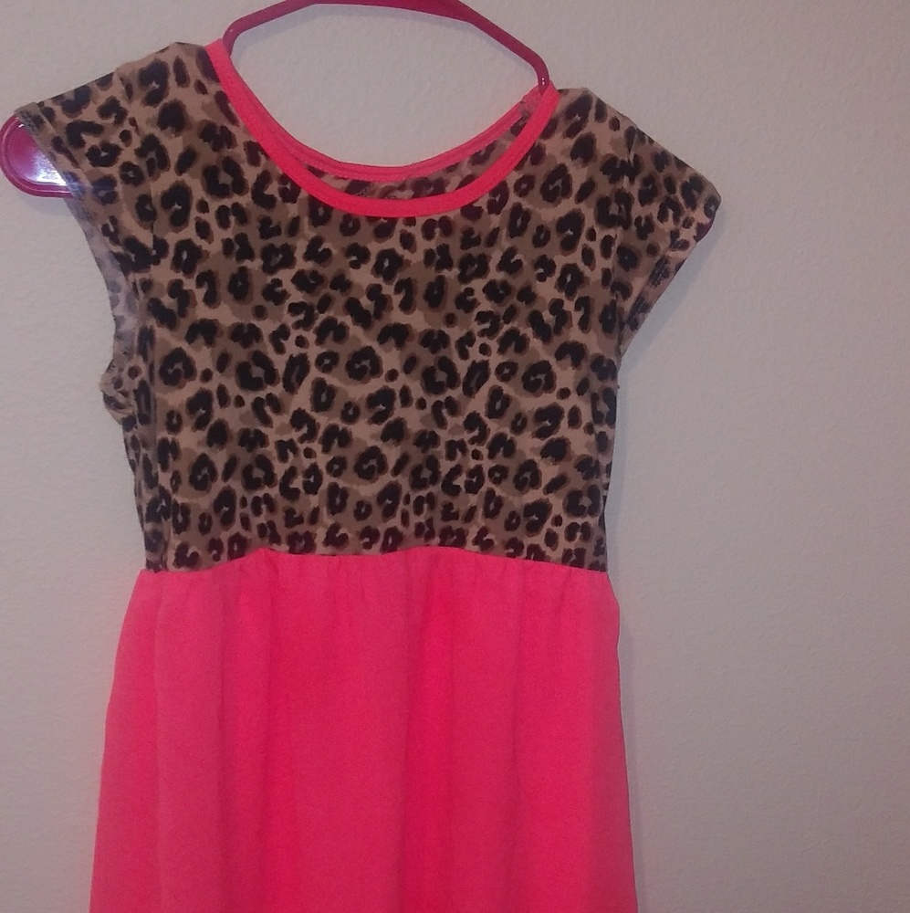 *Girls* Cheeta Print/ Neon Coral Hi-Low Dress